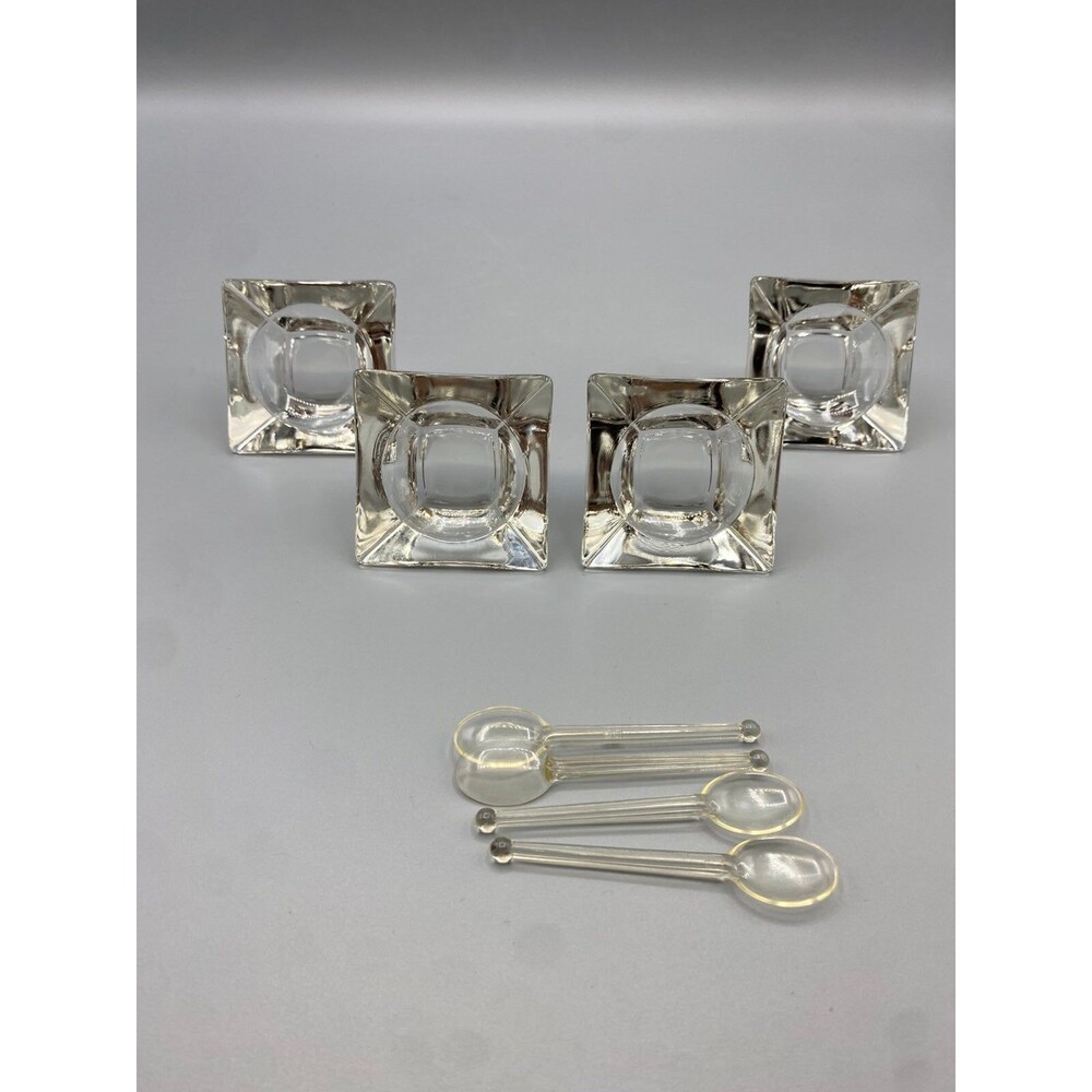 VINTAGE 2" GLASS SQUARE OPEN SALT CELLARS W/PLASTIC SPOONS